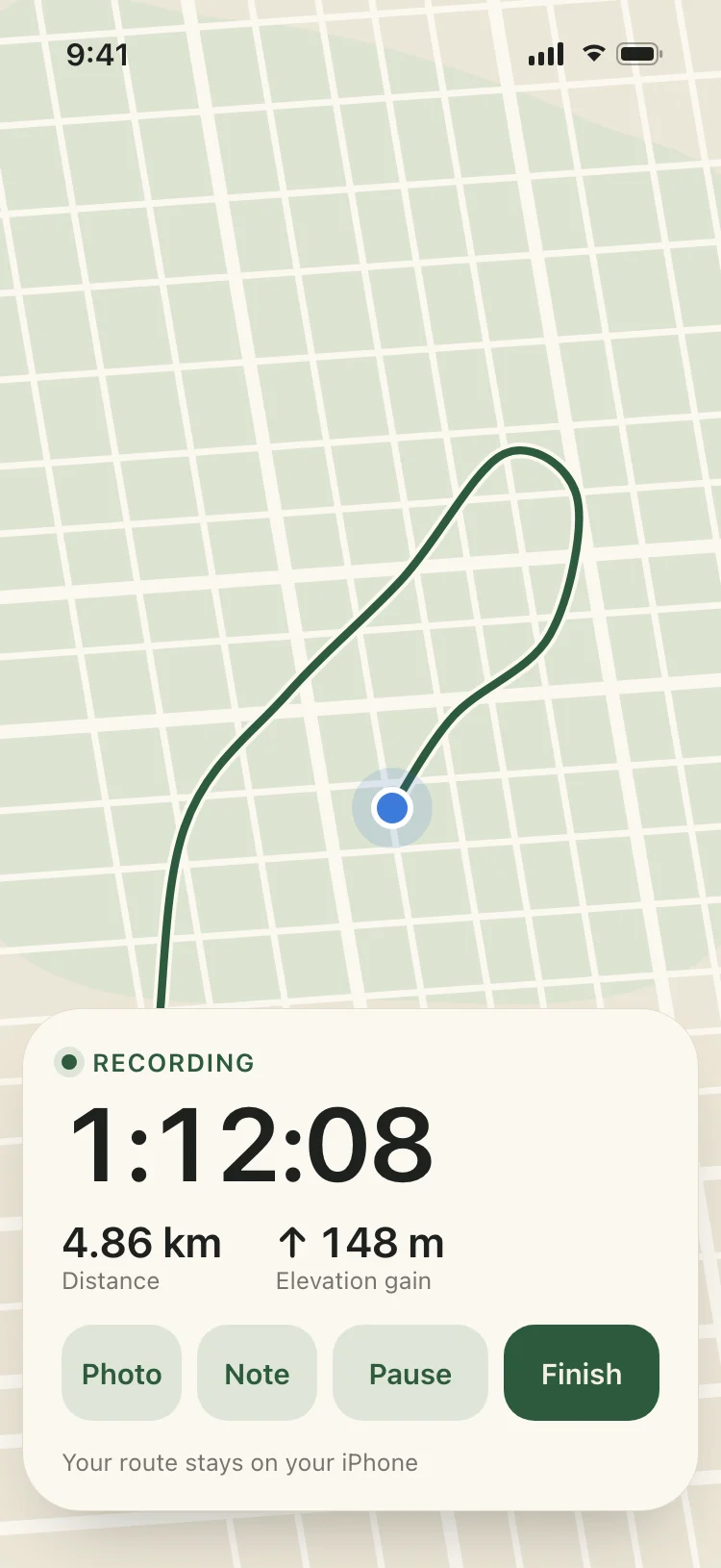 Recording a walk: time, distance and elevation over the map